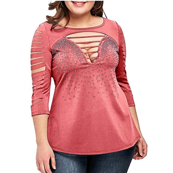 Boutique Tops - Plus Size 3/4 Sleeves Shredding Embellished Blouse